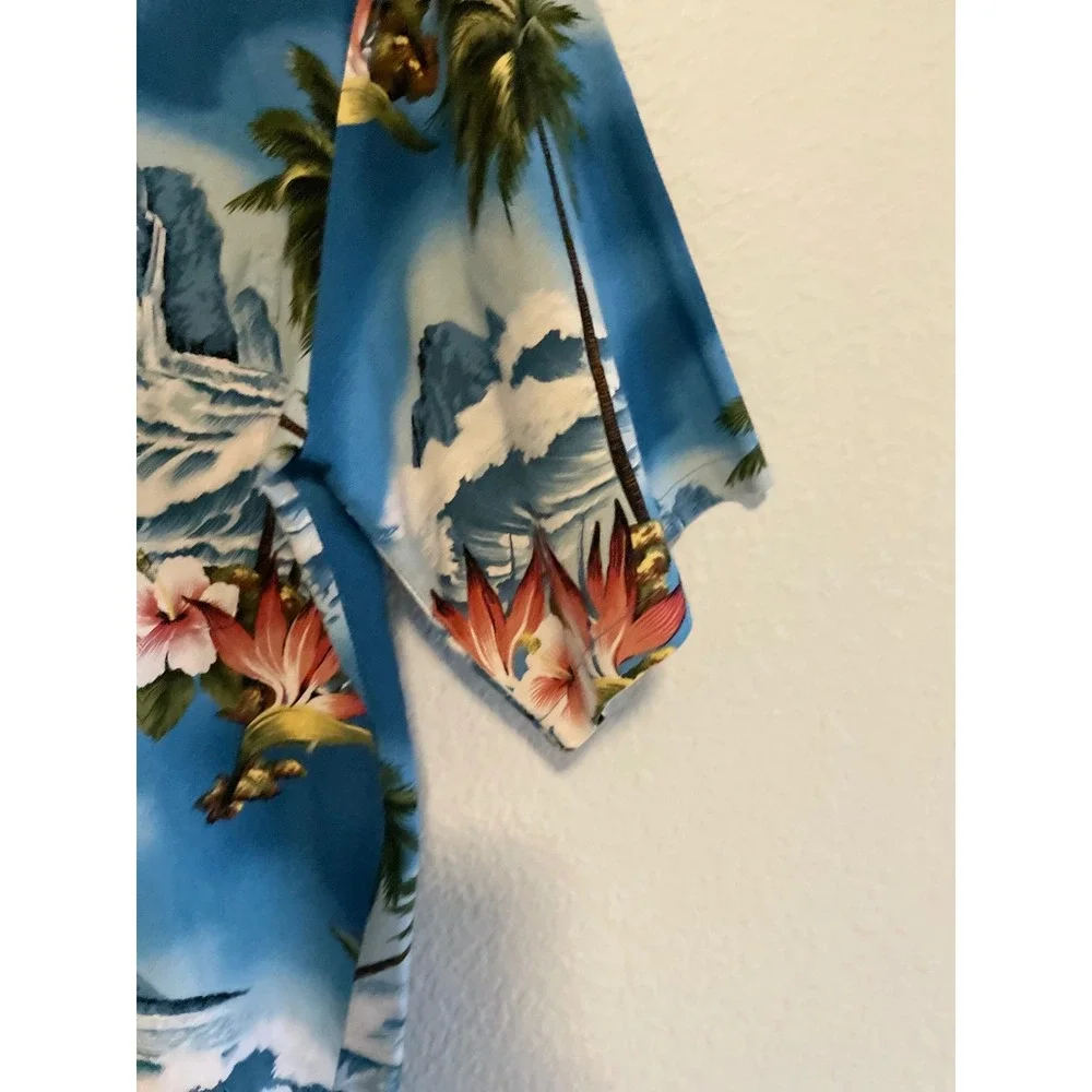 Hilo Hattie Hawaiian Shirt Blue Aloha Tropical‎ Surf All Over Print Men's M USA